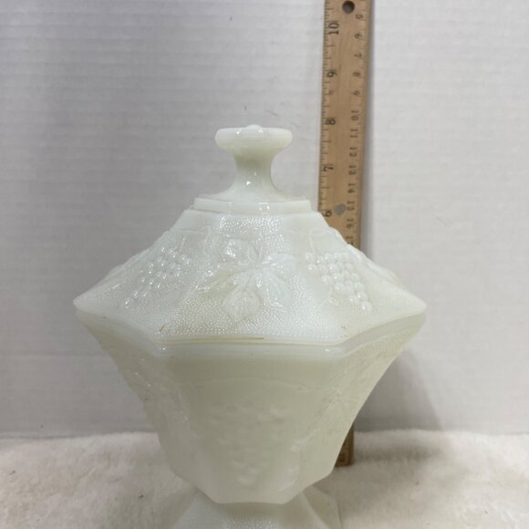 MilkGlass Candy Dish Grapes Leaves Octagon Pedestal Anchor Hocking - Picture 2 of 4